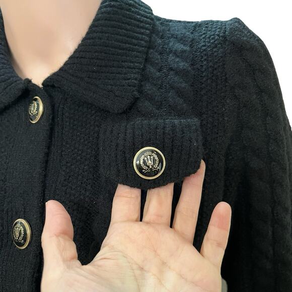 Ann Taylor Collared Cable Knit Cardigan Sweater XS Black Classic Preppy Button - Picture 2 of 8